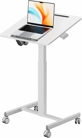 JOY worker Small Mobile Standing Desk with 90° Tiltable Desktop, 23.6" x 20.5" Adjustable Height Rolling Desk, Hook & Device Slot, 4 Lockable Wheels for Home Office, 17.6lb Capacity, White