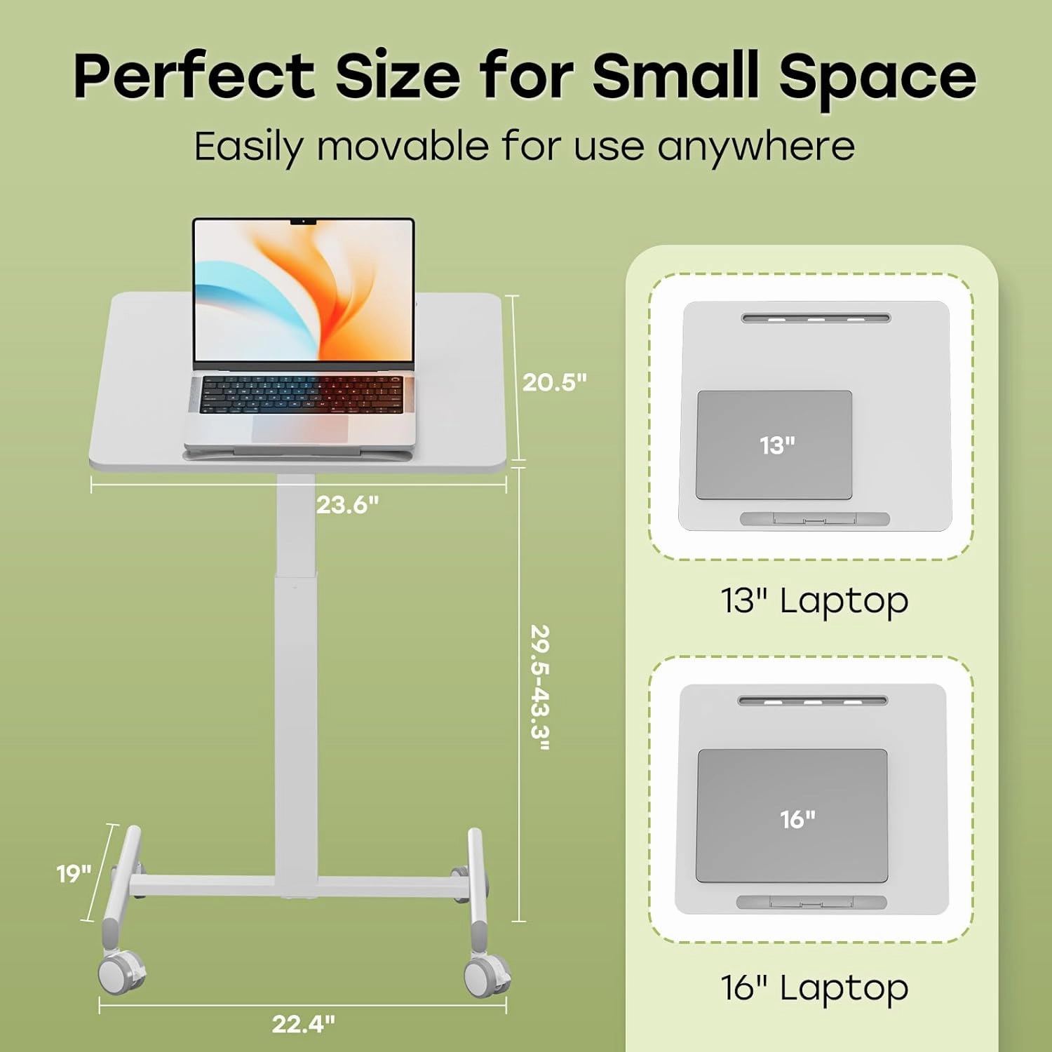 JOY worker Small Mobile Standing Desk with 90° Tiltable Desktop, 23.6" x 20.5" Adjustable Height Rolling Desk, Hook & Device Slot, 4 Lockable Wheels for Home Office, 17.6lb Capacity, White
