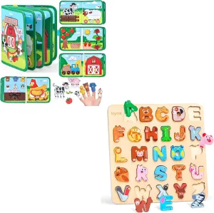 JoyCat Wooden Animal Alphabet Puzzles Farm Busy Book for Toddlers 1-3
