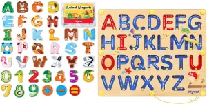 JoyCat Wooden Thick Alphabet Magnets for Toddlers with Magnetic Letter Board, Wooden Alphabet Tracing Board for Toddlers ABC Magnets Letter Writing Practice, Preschool Learning Educational Toy