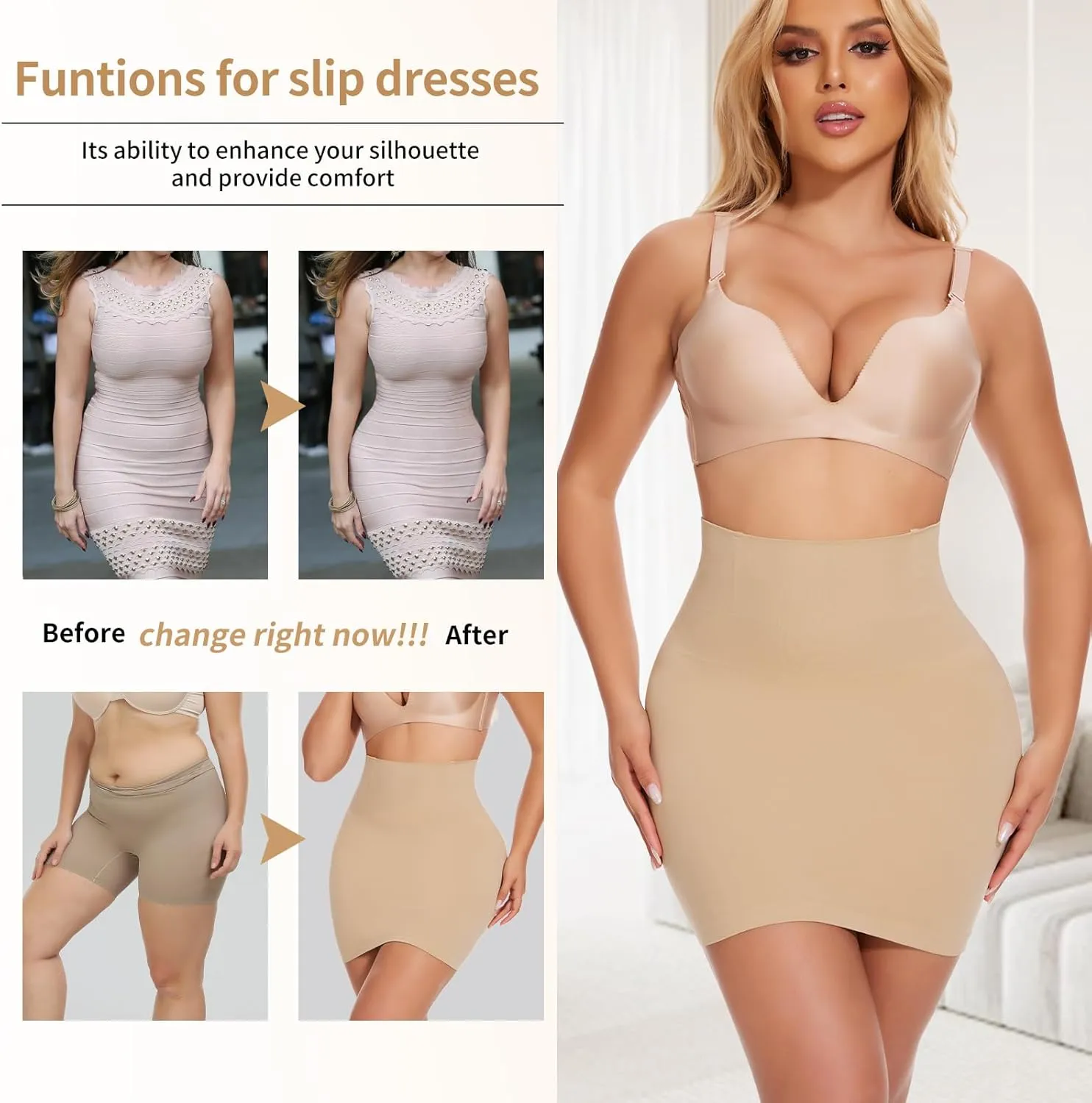 JOYSHAPER Half Slips Shapewear Skirt Under Dress Tummy Control High Waist Shapewear Half Skirt With Built In Thong