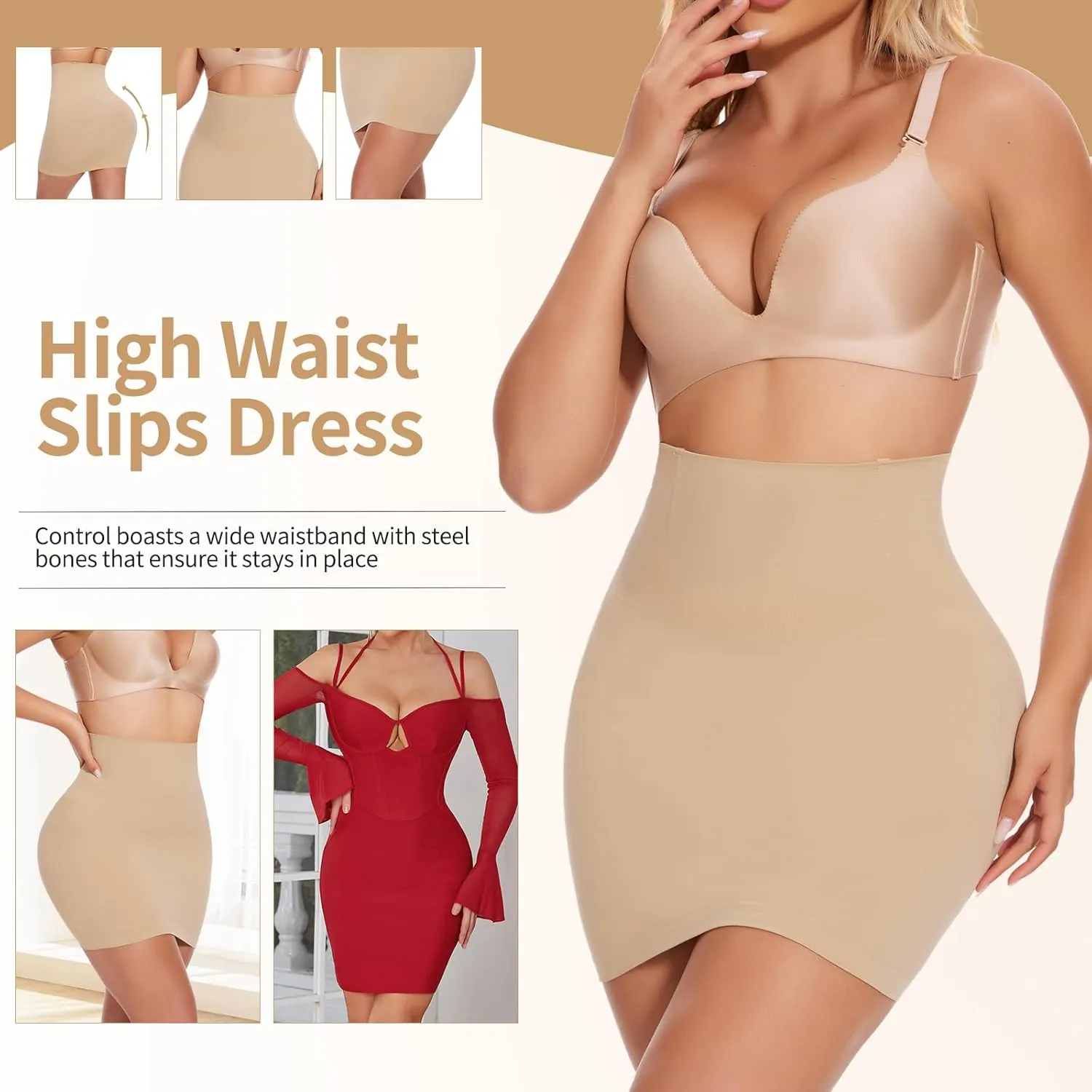 JOYSHAPER Half Slips Shapewear Skirt Under Dress Tummy Control High Waist Shapewear Half Skirt With Built In Thong