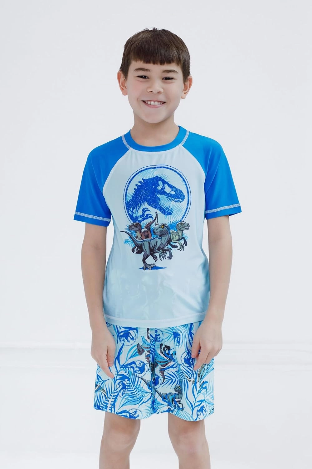 Jurassic World Dinosaur UPF 50  Rash Guard and Swim Trunks Outfit Set Little Kid to Big Kid Sizes (4-14-16)