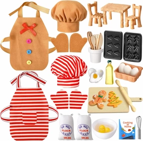 Kajaia 30 Pcs Christmas Accessories Mini Doll Baker Outfit Set Include Baking Apron and Hat Miniature Rolling Pin Flour Egg Bowl Cookie Tray Whisk, Doll is Not Included(Gingerbread Man)