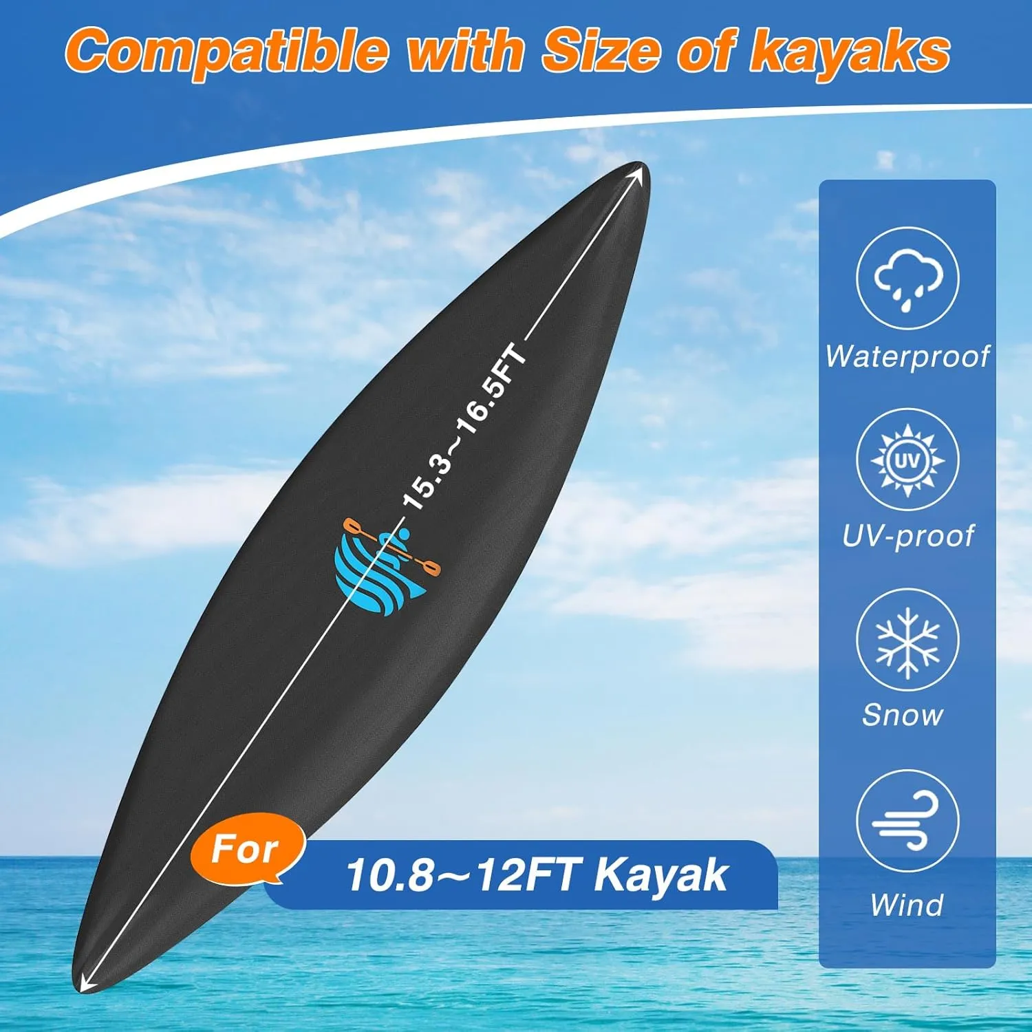 Kayak Cover,420D Kayak Canoe Cover for Outdoor Storage Heavy Duty & Waterproof, Fade-Resistant, Fits Canoe, Paddle Board, SUP, and Kayak Boat