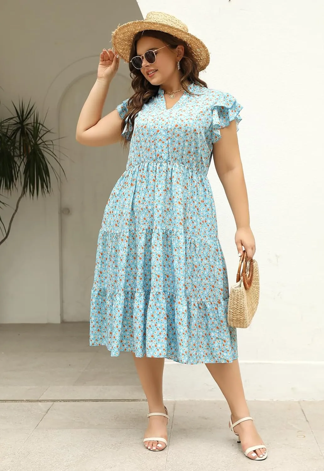 Keluummi Plus Size Wedding Guest Midi Dresses for Curvy Women, Summer Casual Floral Short Sleeve Work Sundress with Pockets