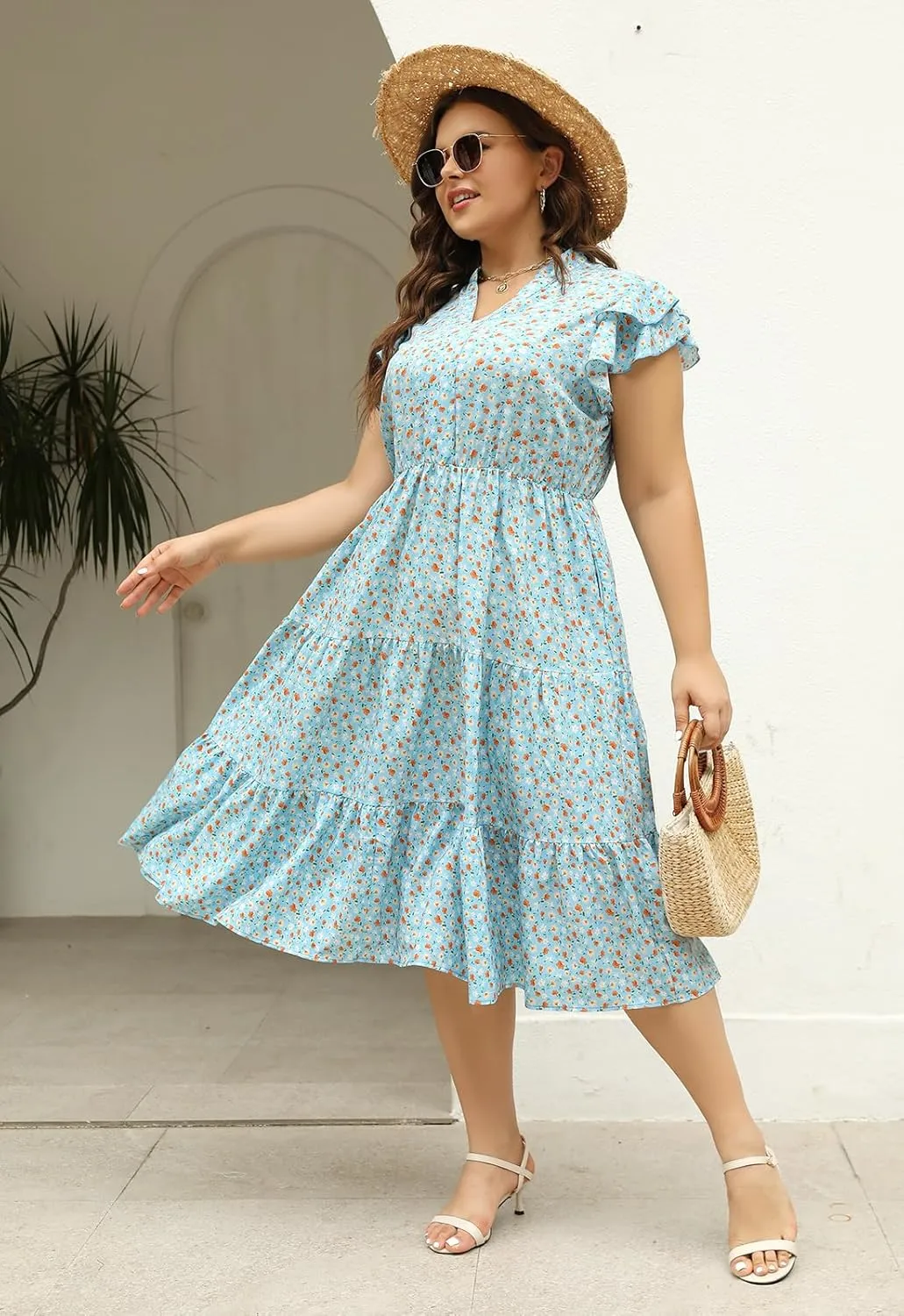 Keluummi Plus Size Wedding Guest Midi Dresses for Curvy Women, Summer Casual Floral Short Sleeve Work Sundress with Pockets