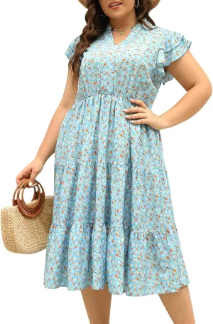 Keluummi Plus Size Wedding Guest Midi Dresses for Curvy Women, Summer Casual Floral Short Sleeve Work Sundress with Pockets