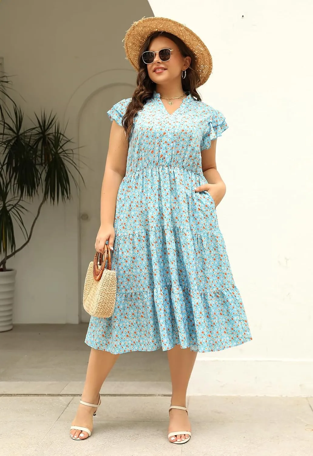 Keluummi Plus Size Wedding Guest Midi Dresses for Curvy Women, Summer Casual Floral Short Sleeve Work Sundress with Pockets