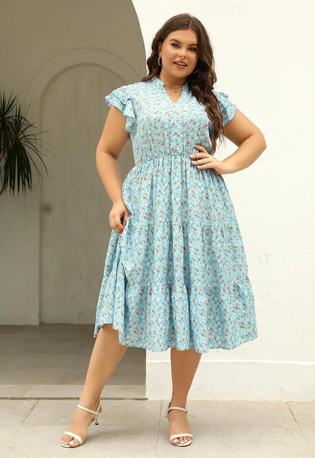 Keluummi Plus Size Wedding Guest Midi Dresses for Curvy Women, Summer Casual Floral Short Sleeve Work Sundress with Pockets
