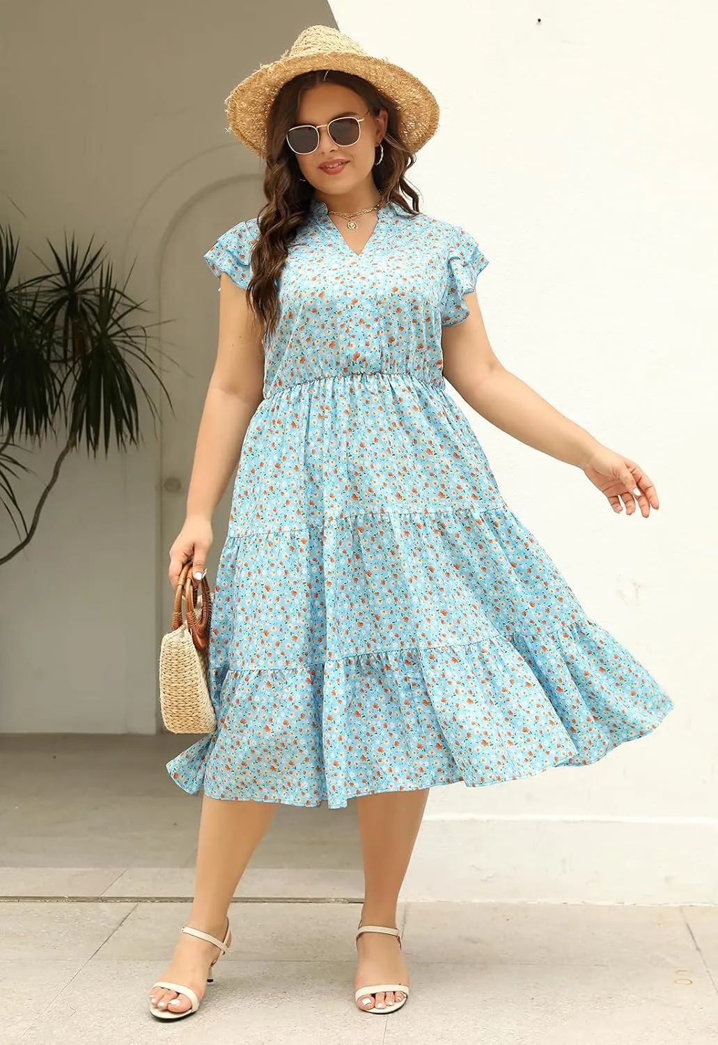 Keluummi Plus Size Wedding Guest Midi Dresses for Curvy Women, Summer Casual Floral Short Sleeve Work Sundress with Pockets