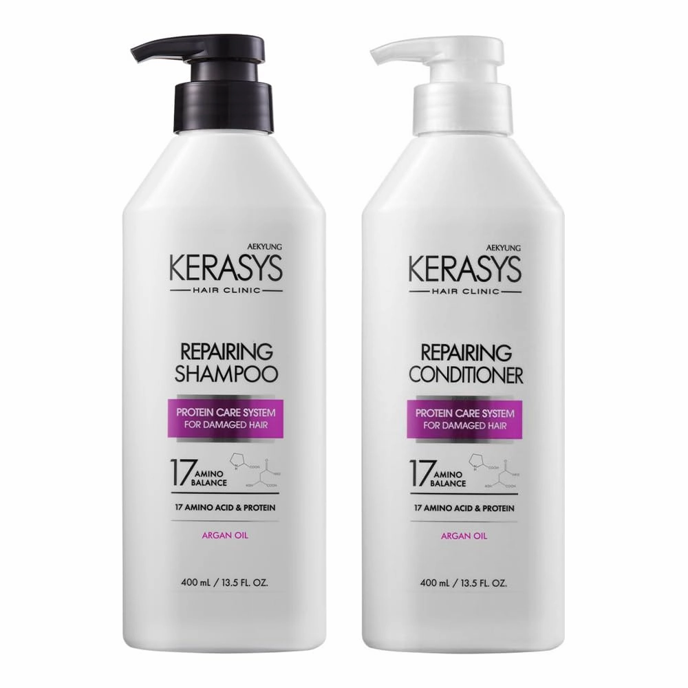 Kerasys Hair Clinic Protein Care System for Damaged Hair Argan Oil REPAIRING 13.5 fl oz / 400 ml (Shampoo   Conditioner Set)