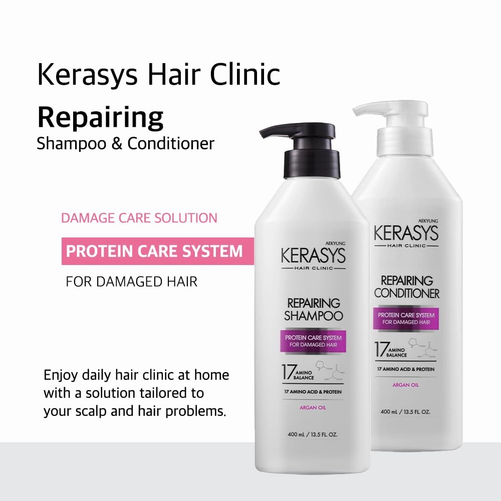 Kerasys Hair Clinic Protein Care System for Damaged Hair Argan Oil REPAIRING 13.5 fl oz / 400 ml (Shampoo   Conditioner Set)