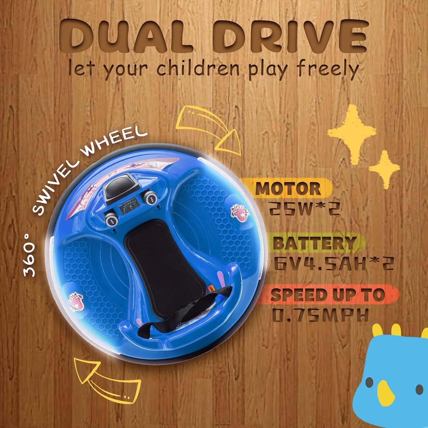 Kids Bumper Car Ages 3-8,Parent Remote Control 360 Spin Bluetooth Music Lights,66 lbs Capacity Indoor Outdoor Ride On Toy(Blue)
