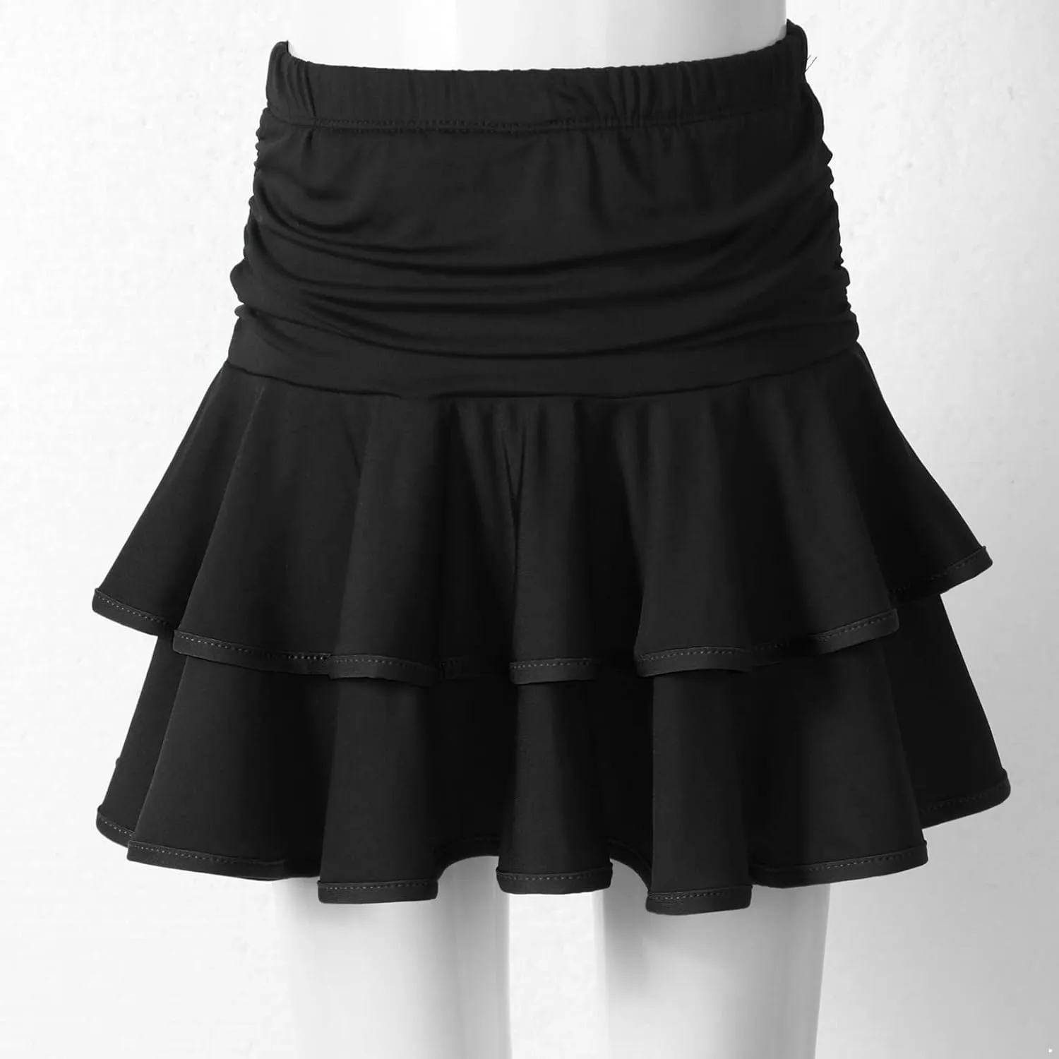 Kids Girls Tiered Ruffle Dance Skirt Elastic Waist Mini Skorts Skirt with Shorts Inside Latin Samba Tango Costume