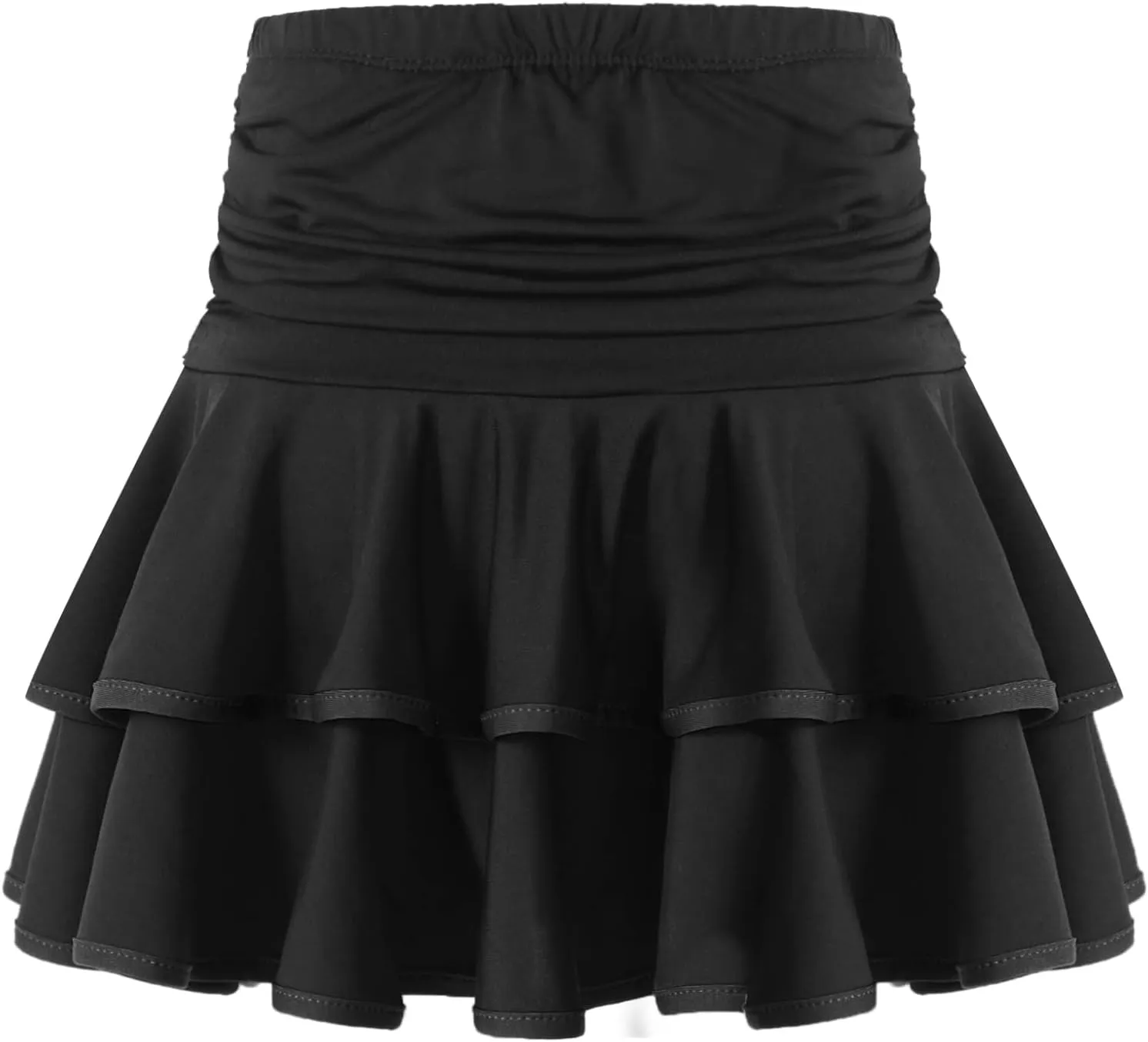 Kids Girls Tiered Ruffle Dance Skirt Elastic Waist Mini Skorts Skirt with Shorts Inside Latin Samba Tango Costume