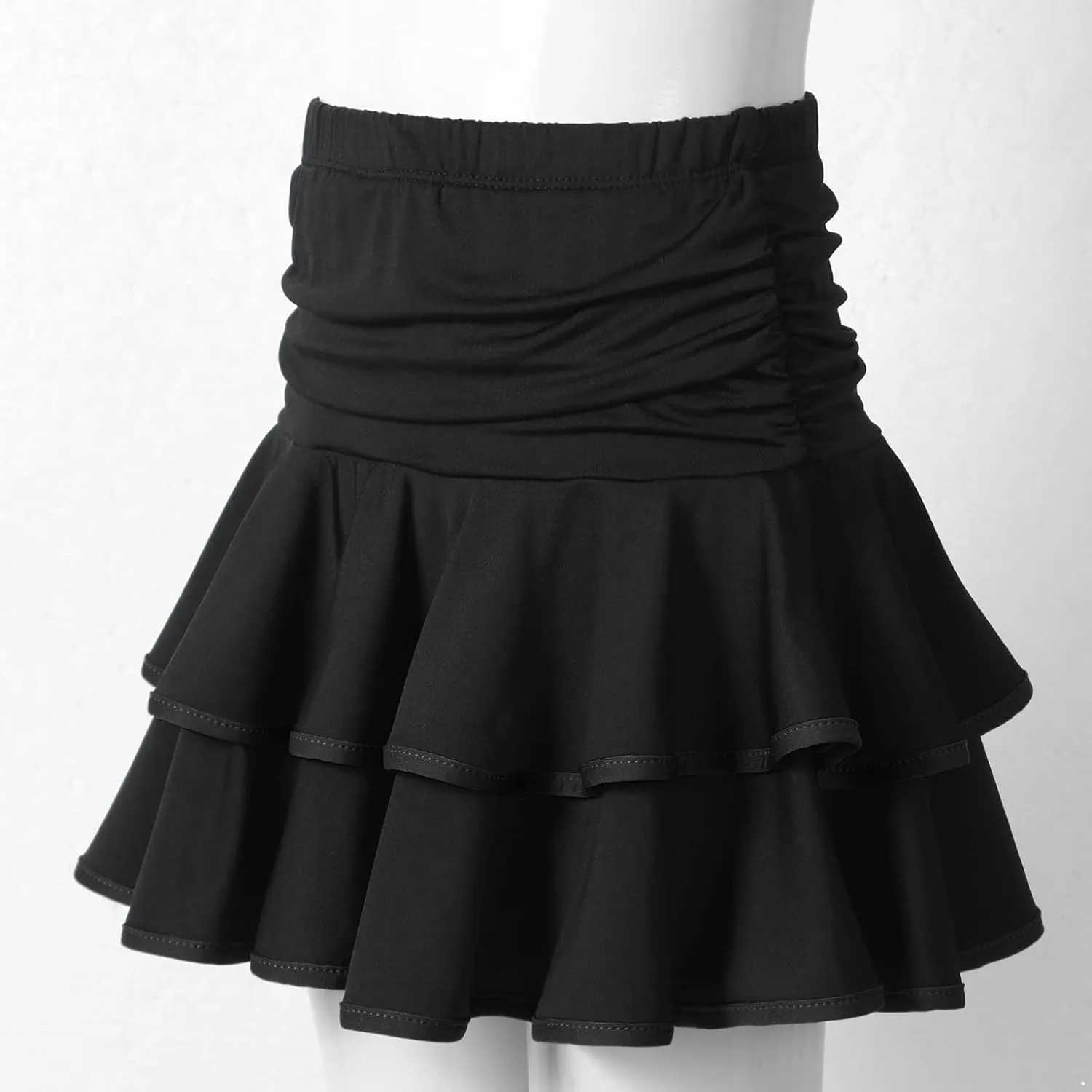 Kids Girls Tiered Ruffle Dance Skirt Elastic Waist Mini Skorts Skirt with Shorts Inside Latin Samba Tango Costume