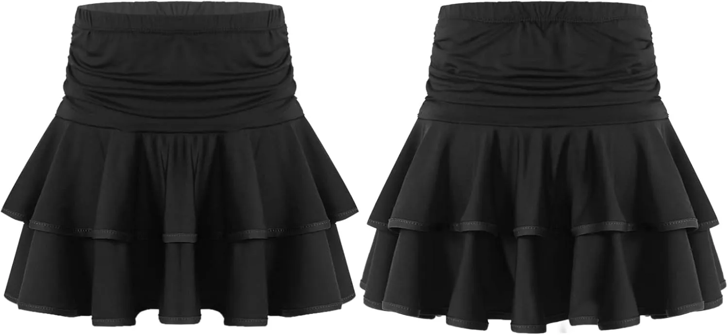 Kids Girls Tiered Ruffle Dance Skirt Elastic Waist Mini Skorts Skirt with Shorts Inside Latin Samba Tango Costume