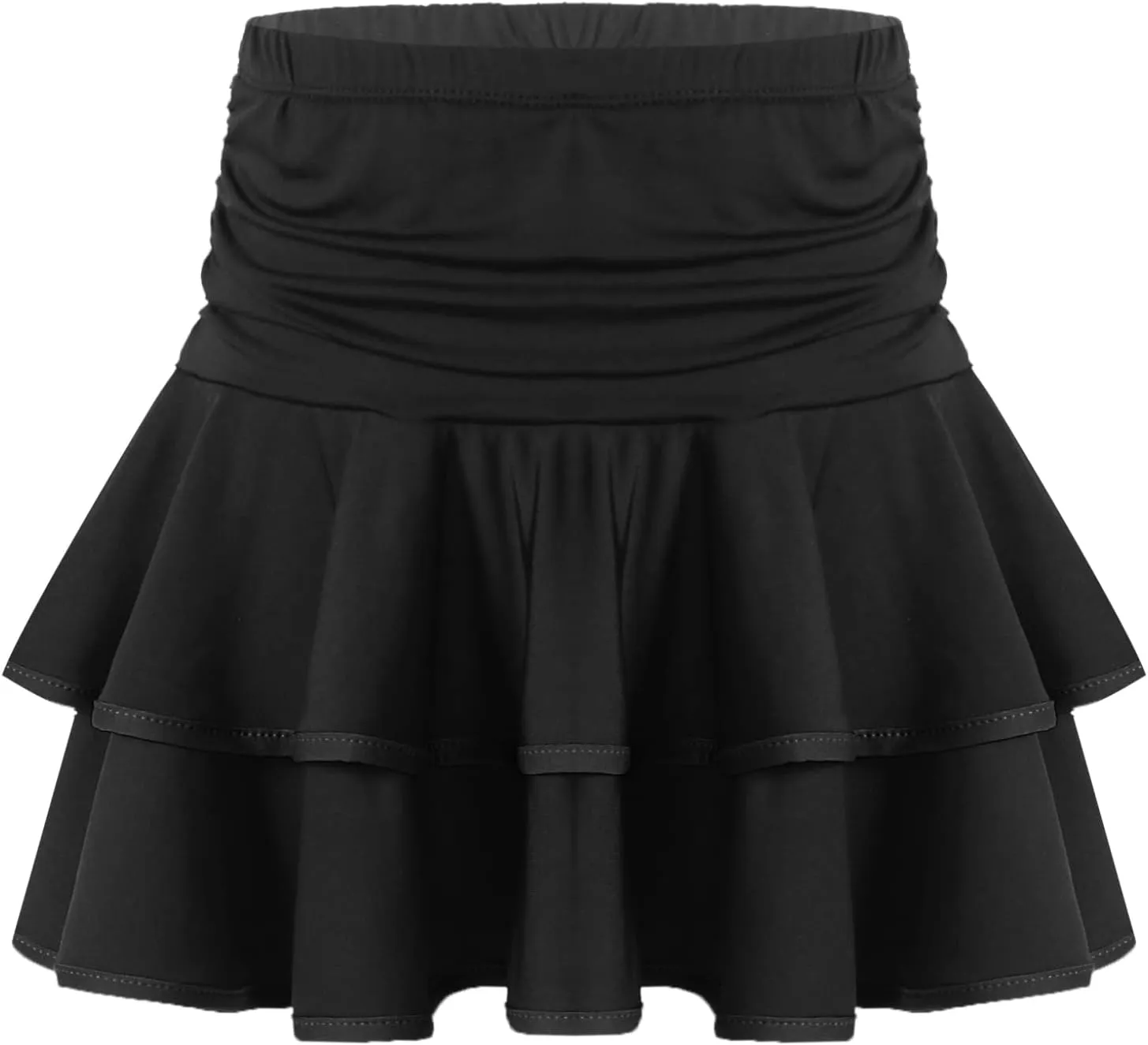 Kids Girls Tiered Ruffle Dance Skirt Elastic Waist Mini Skorts Skirt with Shorts Inside Latin Samba Tango Costume