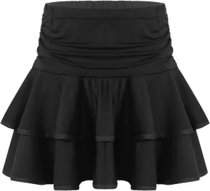 Kids Girls Tiered Ruffle Dance Skirt Elastic Waist Mini Skorts Skirt with Shorts Inside Latin Samba Tango Costume