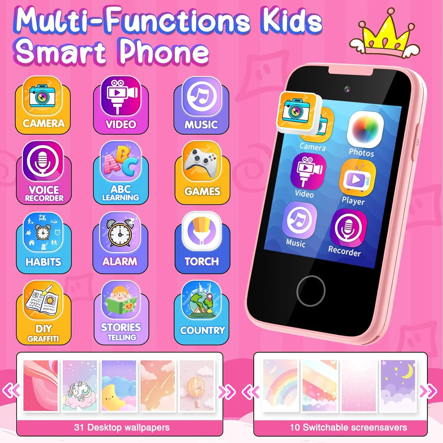 Kids Phone for Girls Aged 3-6 with Dual Camera, Touchscreen Toy Phones for Kids MP3 Music Player 13 Puzzle Games, Educational Toys Christmas Birthday Gifts for Girls Ages 3 4 5 6 7 with SD Card Pink