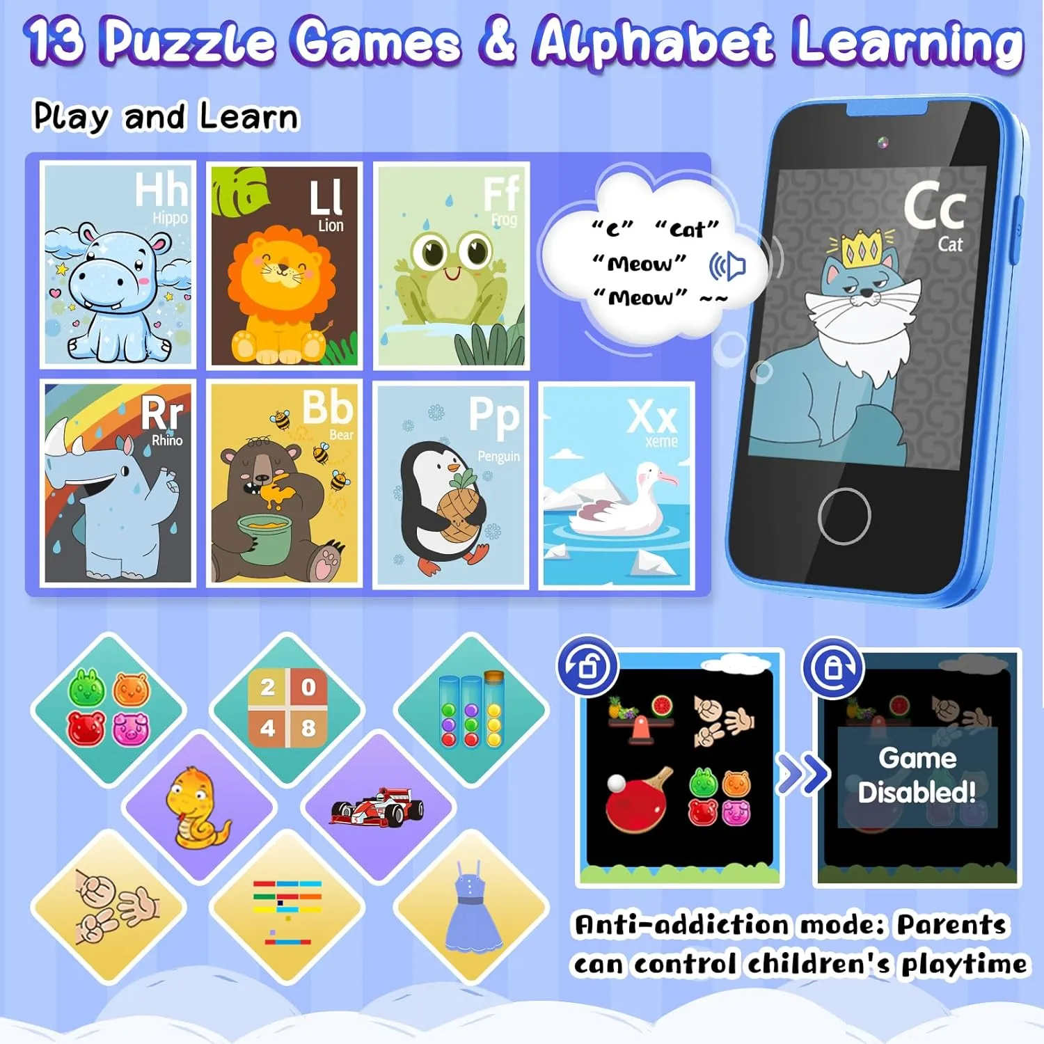 Kids Phone Toy for 3 4 5 6 Year Old, Touchscreen Kids Cell Phone Dual Camera with Music Player Flashlight Puzzle Games Alarm Learning Toys Christmas Birthday Gifts for Boys Ages 3-6 with SD Card Blue