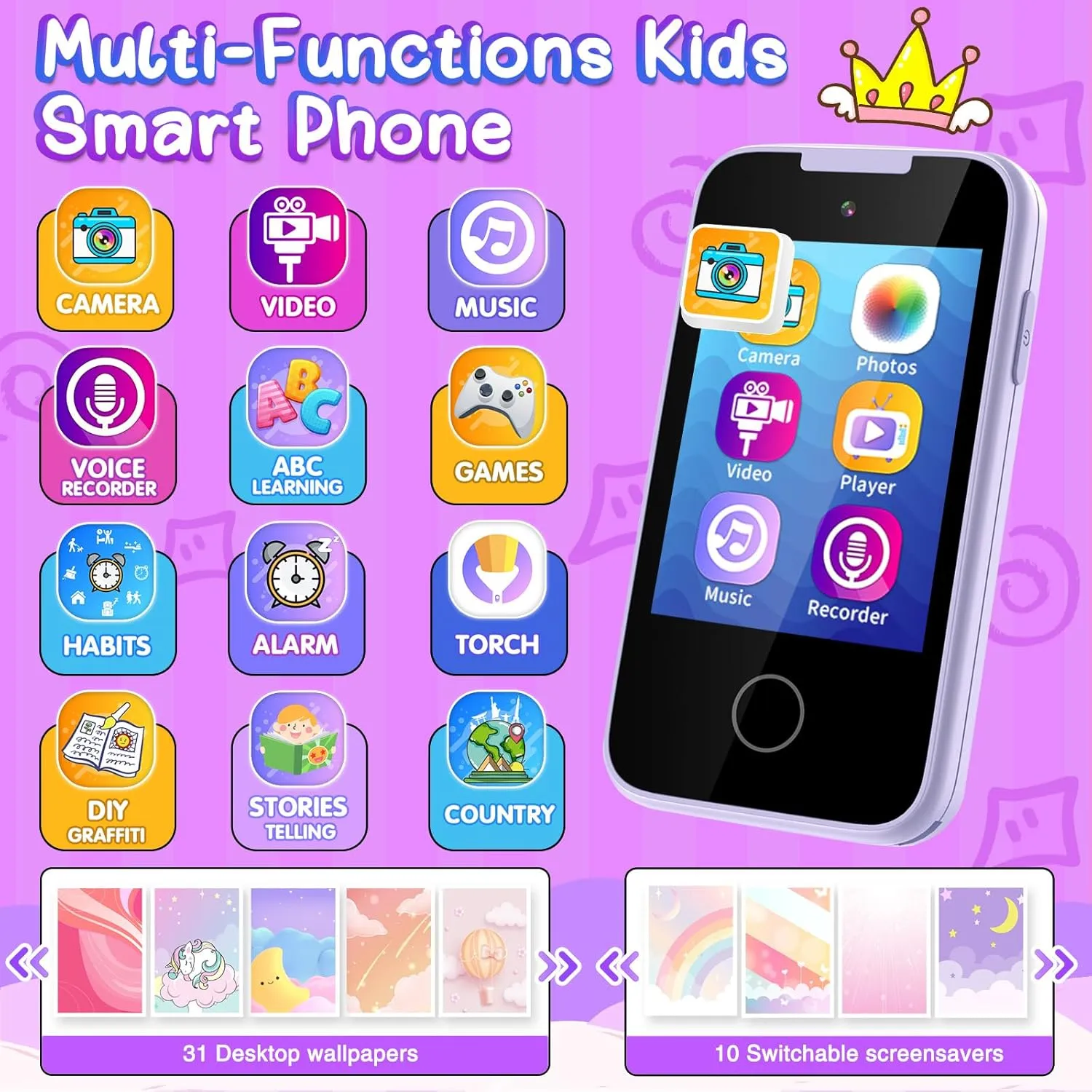 Kids Smart Phone Toy for 3 4 5 6 Year Old, Touchscreen Kids Phone Dual Camera with Music Flashlight Games Alarm Alphabet Learning Toys Christmas Birthday Gifts for Girls Ages 3-6 with SD Card Purple