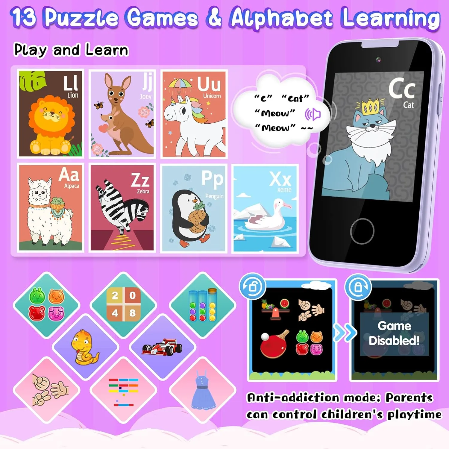 Kids Smart Phone Toy for 3 4 5 6 Year Old, Touchscreen Kids Phone Dual Camera with Music Flashlight Games Alarm Alphabet Learning Toys Christmas Birthday Gifts for Girls Ages 3-6 with SD Card Purple