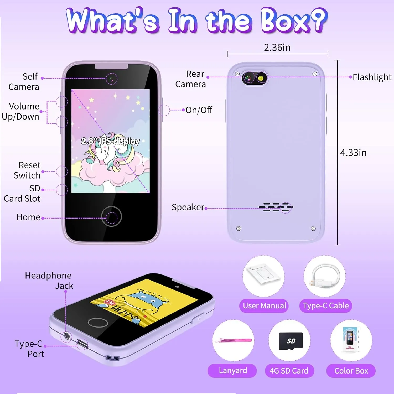 Kids Smart Phone Toy for 3 4 5 6 Year Old, Touchscreen Kids Phone Dual Camera with Music Flashlight Games Alarm Alphabet Learning Toys Christmas Birthday Gifts for Girls Ages 3-6 with SD Card Purple