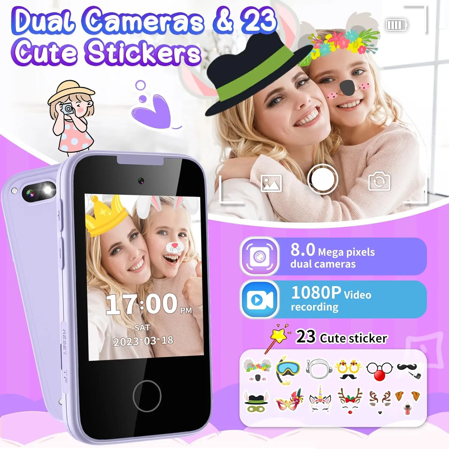 Kids Smart Phone Toy for 3 4 5 6 Year Old, Touchscreen Kids Phone Dual Camera with Music Flashlight Games Alarm Alphabet Learning Toys Christmas Birthday Gifts for Girls Ages 3-6 with SD Card Purple