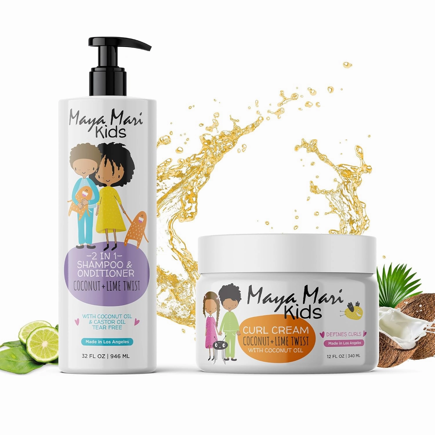 Kids 2 in 1 Shampoo and Conditioner and Curl Cream Set for Curly Hair Products, Tear Free, Sulfate Free, Cruelty Free Haircare for Boys and Girls