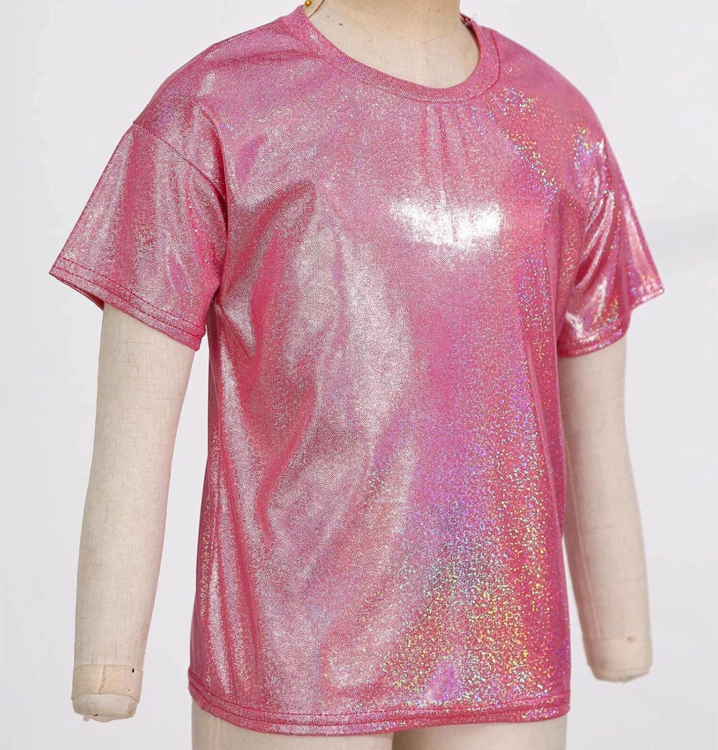 Kids Boys Girls Metallic Shiny T-Shirt Jazz Hip Hop Dance Tops Short Sleeves Loose T-Shirt for Performance Costume