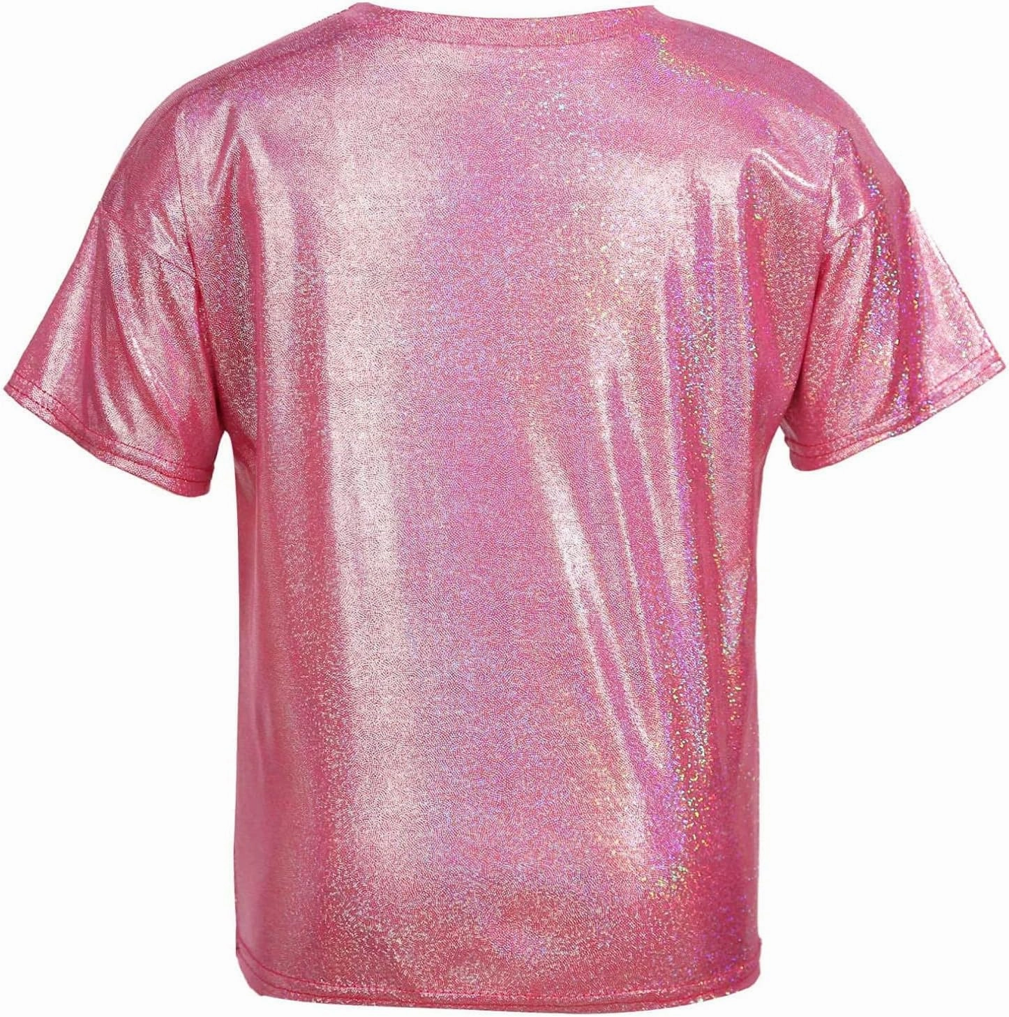 Kids Boys Girls Metallic Shiny T-Shirt Jazz Hip Hop Dance Tops Short Sleeves Loose T-Shirt for Performance Costume