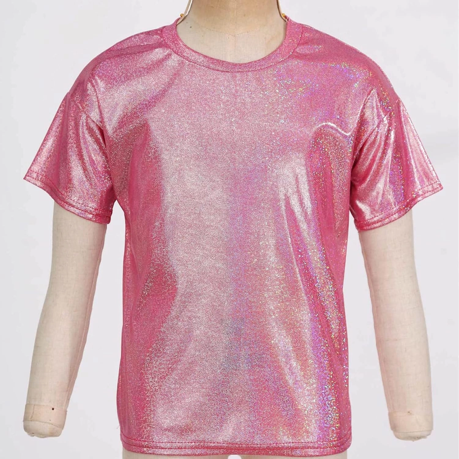 Kids Boys Girls Metallic Shiny T-Shirt Jazz Hip Hop Dance Tops Short Sleeves Loose T-Shirt for Performance Costume