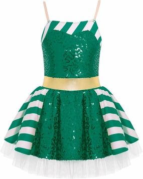 Kids Christmas Elf Dresses Girls Ballet Dance Figure Skating Performance Dress Sequin Leotard Tutu Skirt