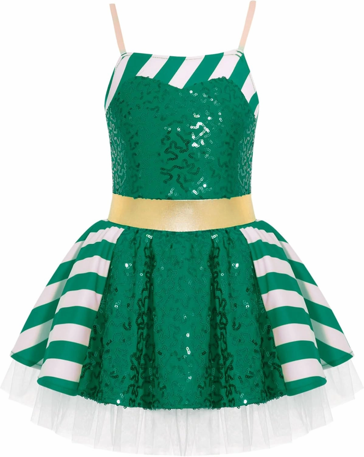Kids Christmas Elf Dresses Girls Ballet Dance Figure Skating Performance Dress Sequin Leotard Tutu Skirt