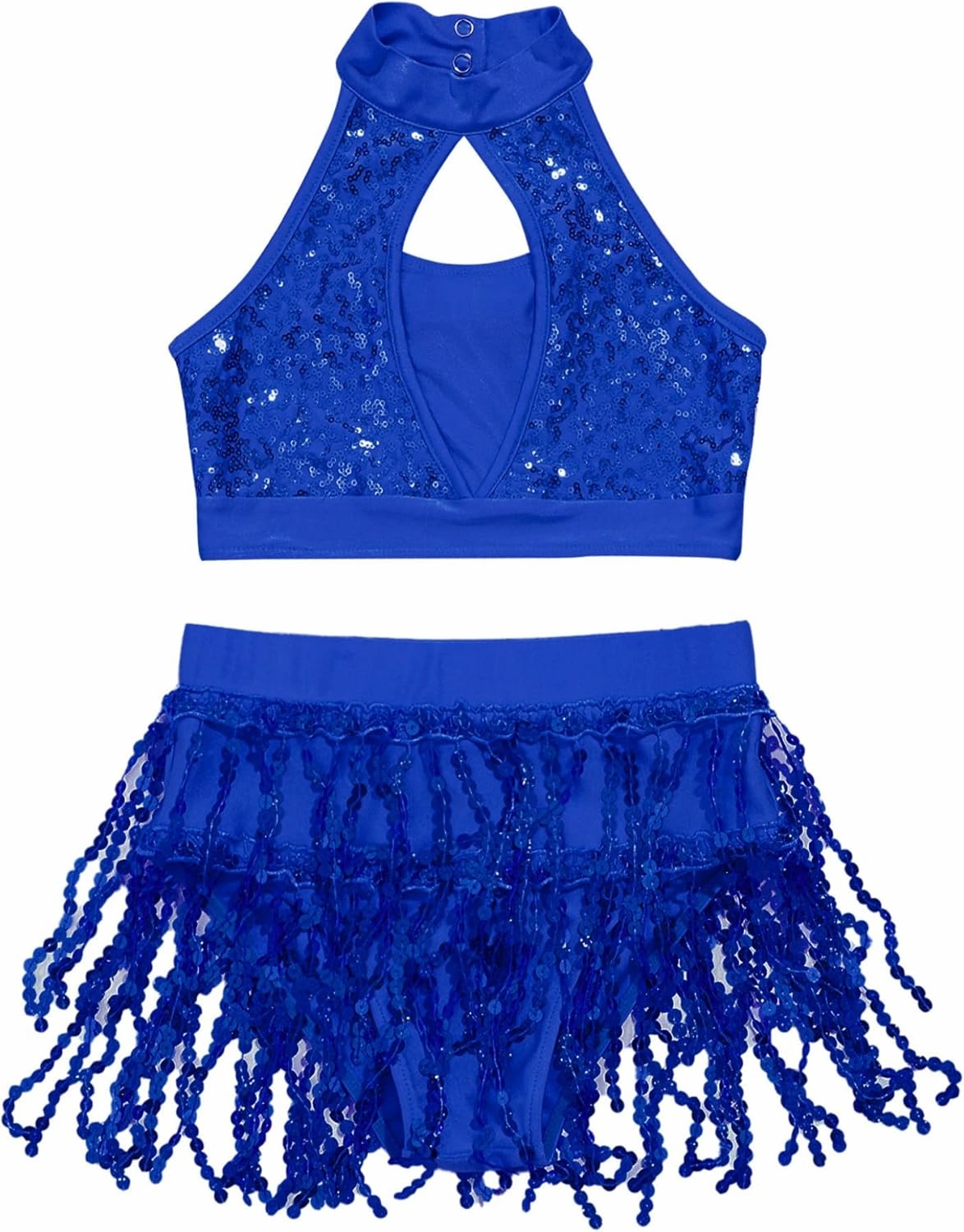 Kids Girls 2PCs Dance Outfits Sequins Halter Neck Crop Top with Layered Skirts Jazz Latin Performance Costumes