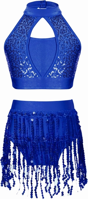 Kids Girls 2PCs Dance Outfits Sequins Halter Neck Crop Top with Layered Skirts Jazz Latin Performance Costumes