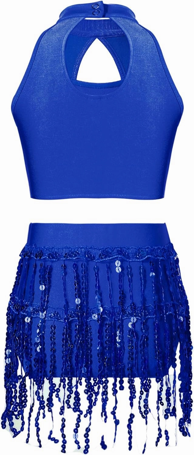 Kids Girls 2PCs Dance Outfits Sequins Halter Neck Crop Top with Layered Skirts Jazz Latin Performance Costumes