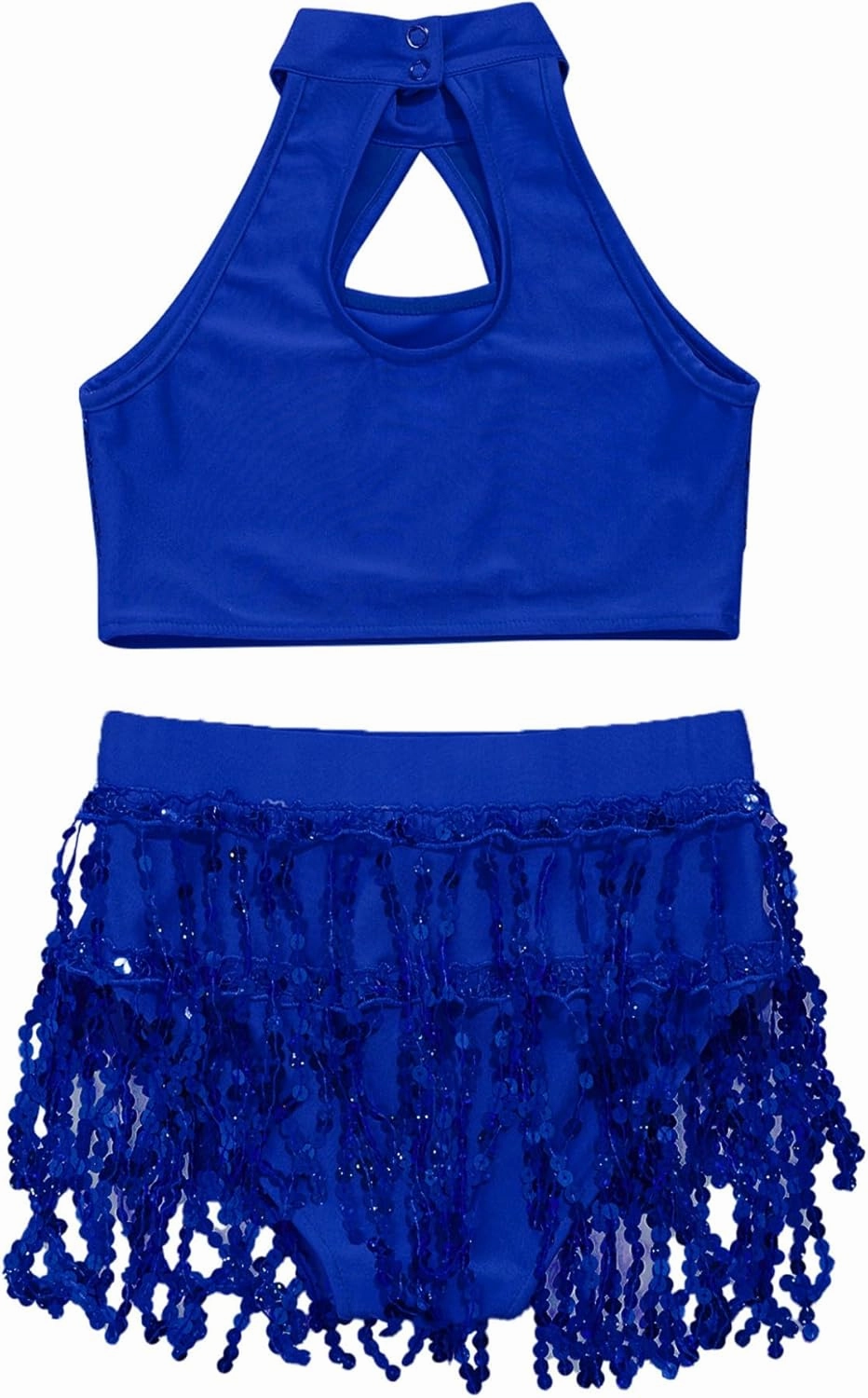 Kids Girls 2PCs Dance Outfits Sequins Halter Neck Crop Top with Layered Skirts Jazz Latin Performance Costumes