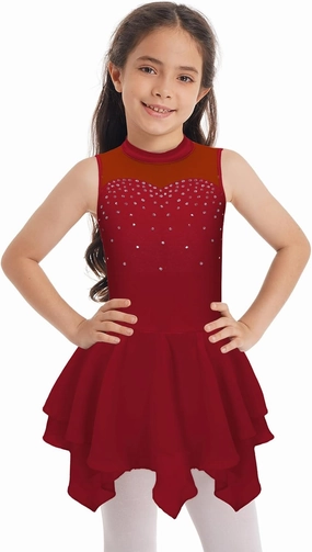 Kids Girls Glitter Shiny Diamond Sleeveless High Low Hem Dance Ballet Lyrical Dress Figure Ice Skating Dress