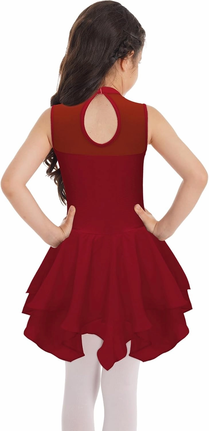 Kids Girls Glitter Shiny Diamond Sleeveless High Low Hem Dance Ballet Lyrical Dress Figure Ice Skating Dress