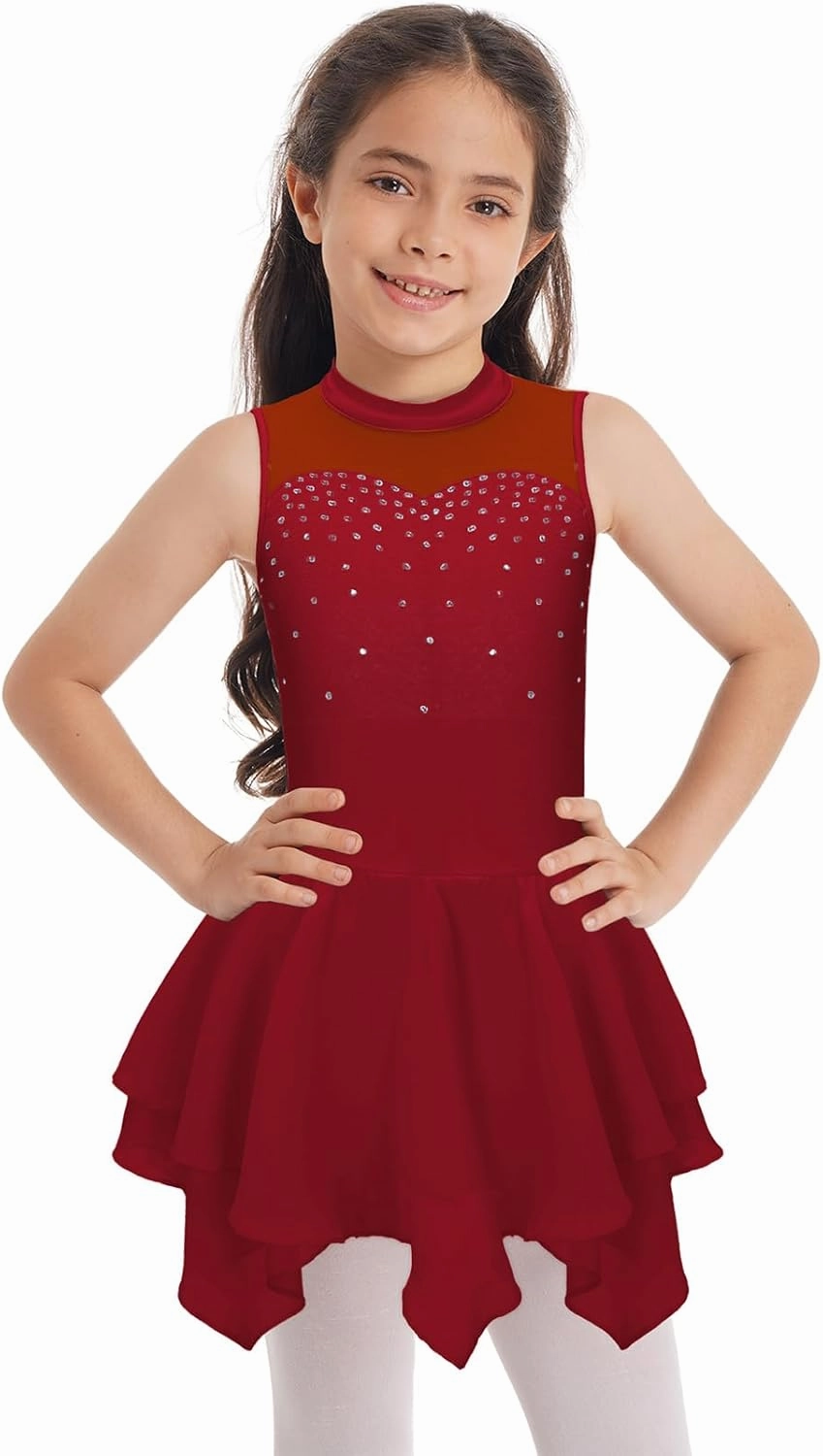 Kids Girls Glitter Shiny Diamond Sleeveless High Low Hem Dance Ballet Lyrical Dress Figure Ice Skating Dress
