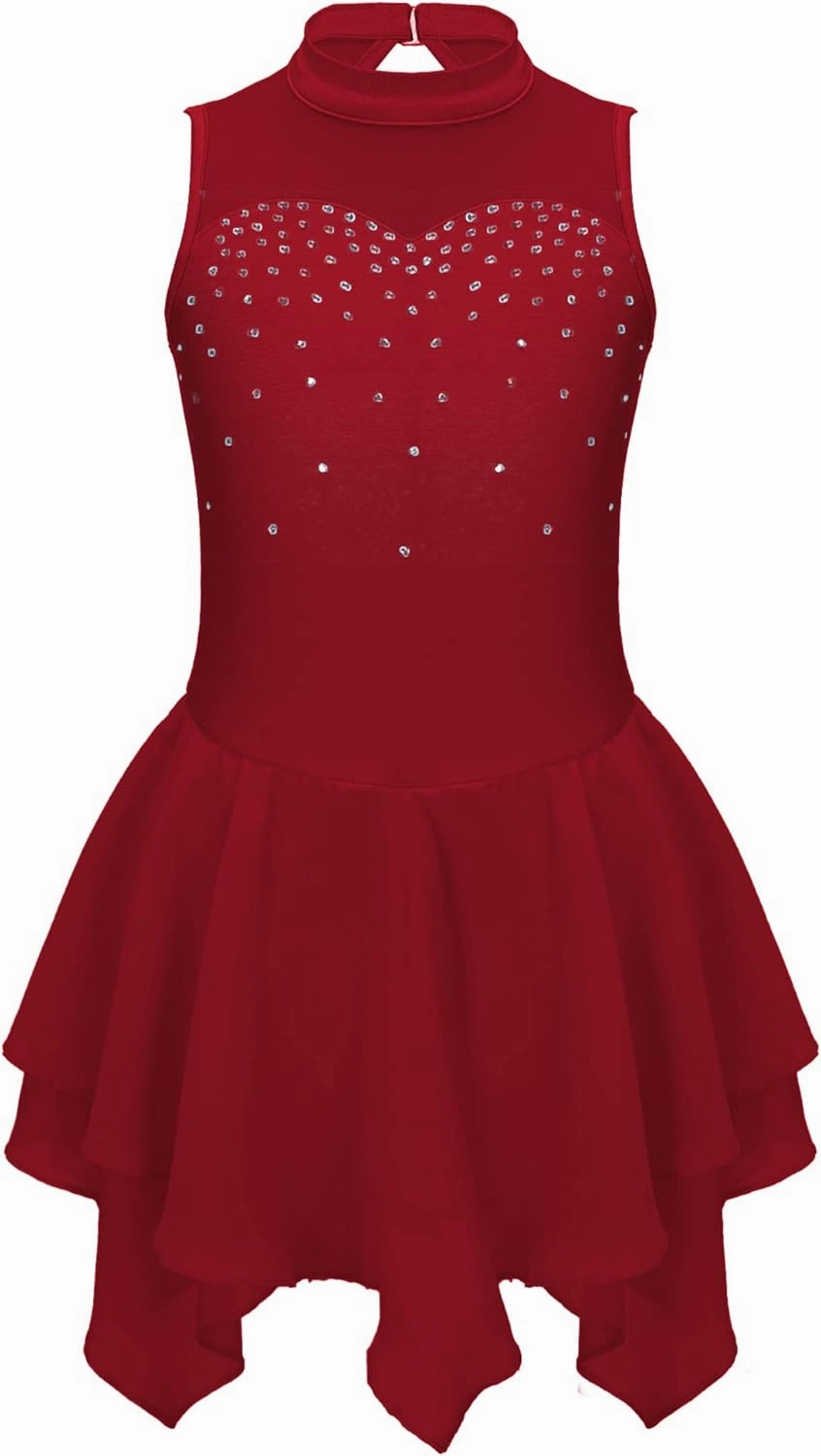 Kids Girls Glitter Shiny Diamond Sleeveless High Low Hem Dance Ballet Lyrical Dress Figure Ice Skating Dress