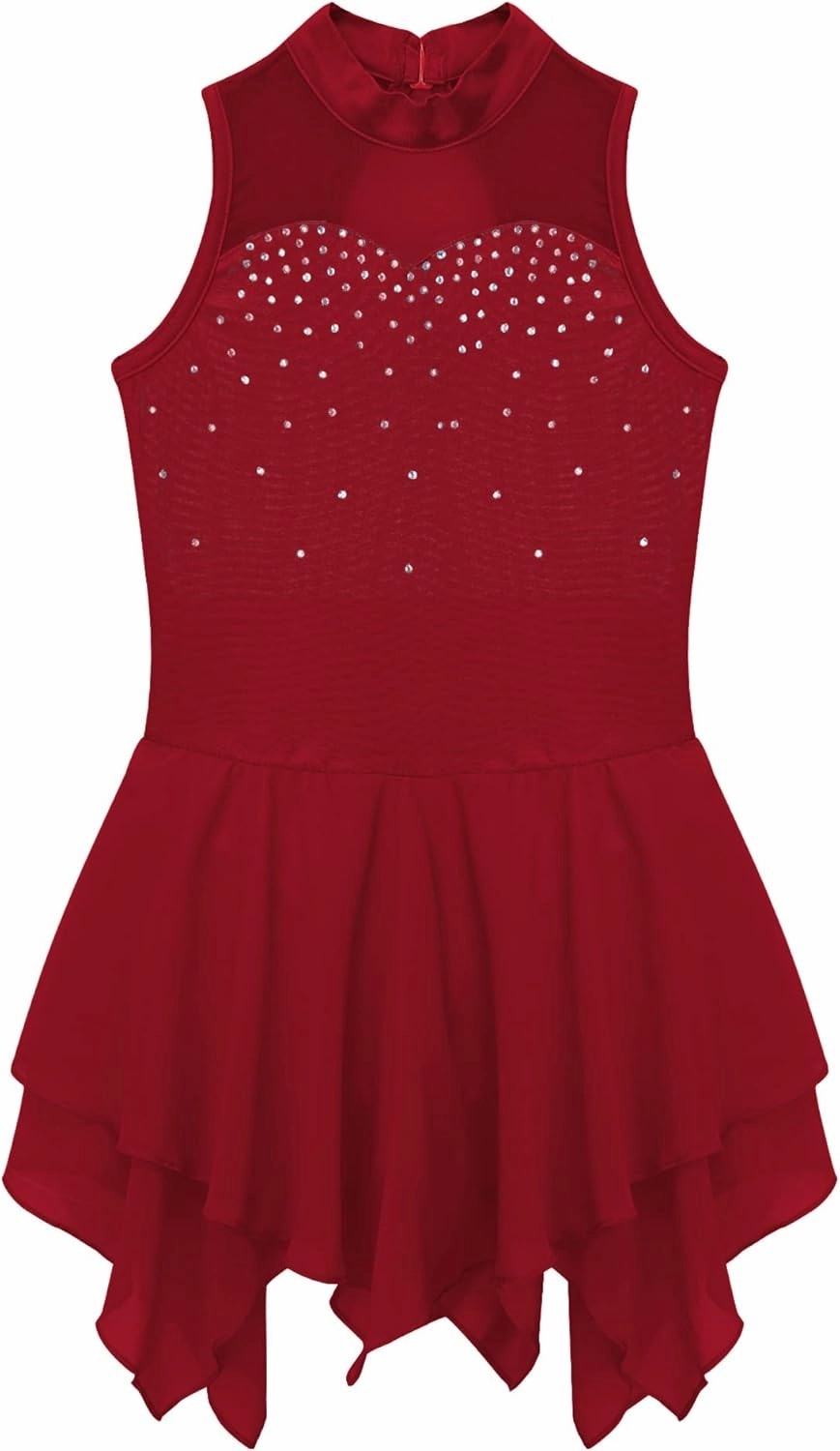 Kids Girls Glitter Shiny Diamond Sleeveless High Low Hem Dance Ballet Lyrical Dress Figure Ice Skating Dress