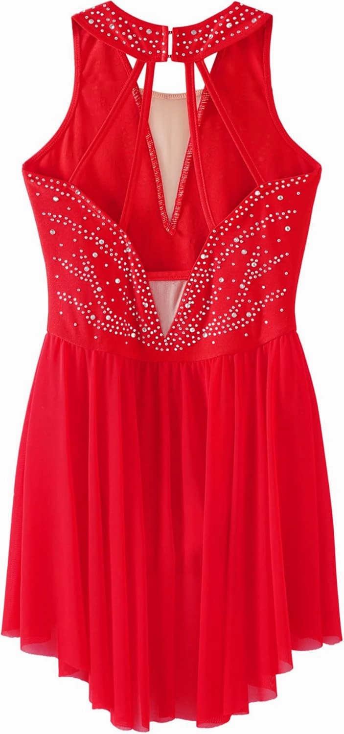 Kids Girls Ice Figure Skating Dress Sleeveless Shiny Rhinestones Mesh Skirted Leotard Dancewear