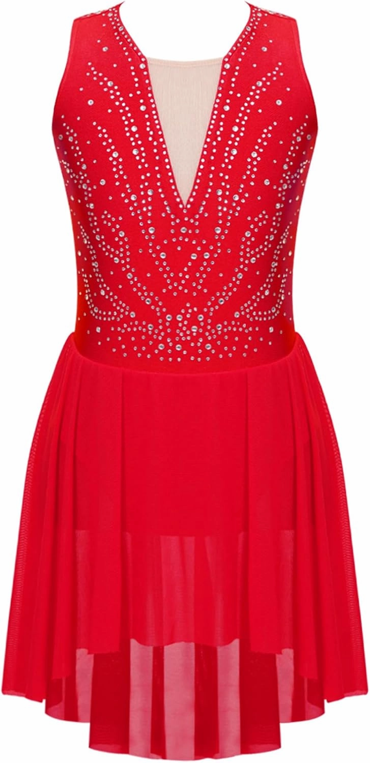 Kids Girls Ice Figure Skating Dress Sleeveless Shiny Rhinestones Mesh Skirted Leotard Dancewear