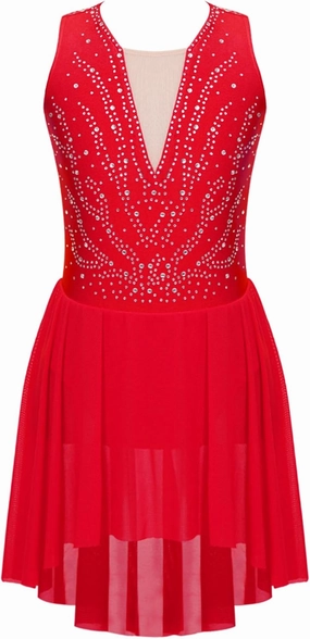 Kids Girls Ice Figure Skating Dress Sleeveless Shiny Rhinestones Mesh Skirted Leotard Dancewear