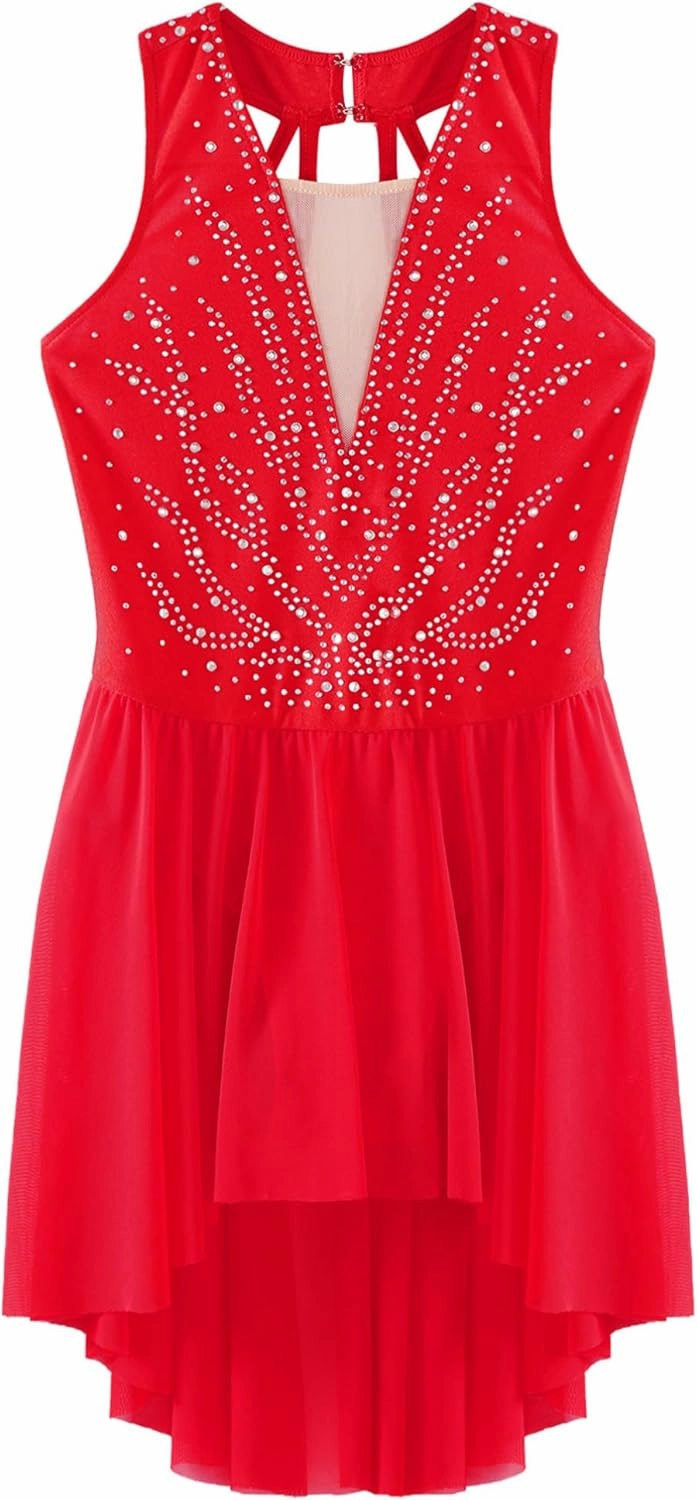 Kids Girls Ice Figure Skating Dress Sleeveless Shiny Rhinestones Mesh Skirted Leotard Dancewear