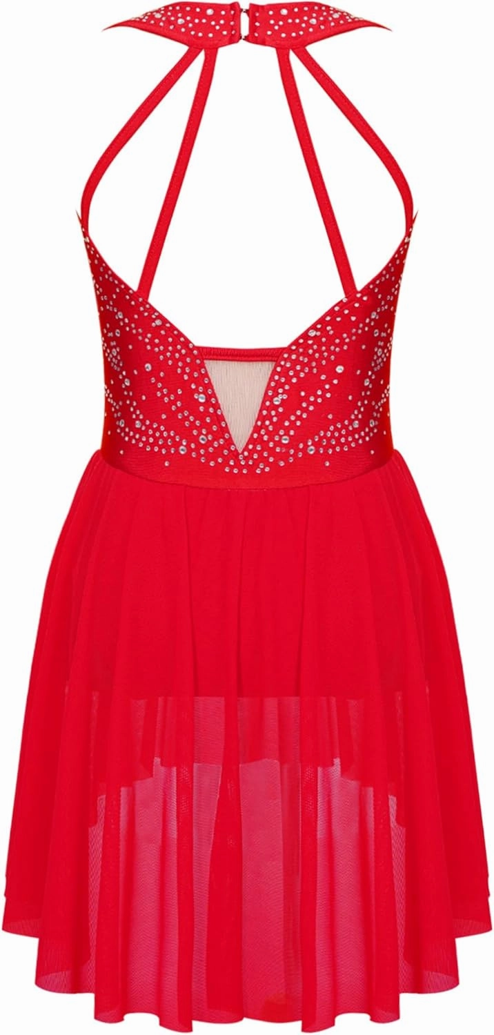 Kids Girls Ice Figure Skating Dress Sleeveless Shiny Rhinestones Mesh Skirted Leotard Dancewear